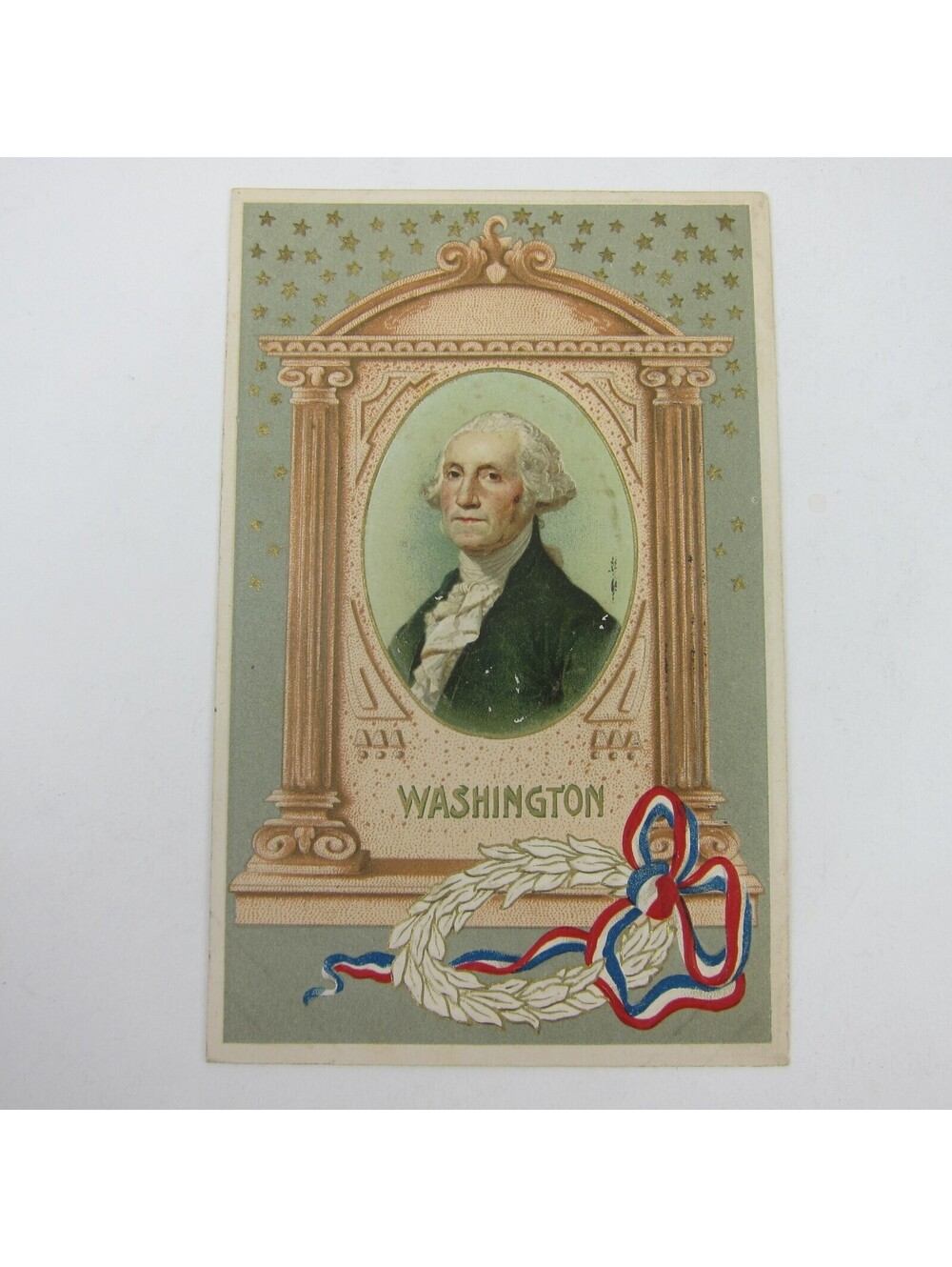 Postcard George Washington Portrait & Wreath Birthday Patriotic Embossed Antique